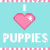 Pixelated icon with light blue background, pink heart symbols, and 'PUPPIES' text above a dog photo.