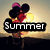 Pixelated cartoon character with large black ears and red shorts holds multiple colorful balloons against a sunset sky.