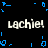 Pixelated text 'Lachie!' repeated four times on black background with blue pixel fragments scattered around.