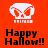 Pixelated white skull icon with red eyes on orange background, below which is black text reading 'Happy Hallow!!' in a blocky font.