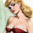 Pixelated vintage pinup woman in red strapless dress with blonde hair and makeup, next to green background text 'OriginalIcons.com'