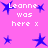 Pixelated pink background with blue star shapes and white text reading "Leanne was here x" in multiple positions.