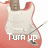 Pixelated guitar icon with red body and white pickguard, displaying text 'Turn up' on left frame and 'Turn up the amp' on right frame with a small heart symbol.
