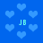 Blue background with scattered light blue hearts and four instances of 'JB' text in cyan, each appearing above a downward-pointing triangle.