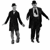 Two figures in dark formal attire perform sequential walking and holding hands actions