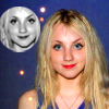A static image shows a person with long blonde hair and red lipstick against a dark blue background with small glowing lights, alongside a circular grayscale face icon.