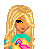 Pixel art contact sheet showing three frames of an animated character with blonde hair, turquoise top, pink pants, and flamingo graphic, displaying pose changes and text overlays.