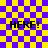 Four identical 'HERE!' text blocks on a purple-yellow checkered background with overlays in different positions