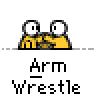 A 3x3 contact sheet of seven animated frames showing two yellow stick figures arm wrestling, with text "Arm Wrestle" beneath each frame on a gray background.