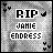 Pixelated grayscale icon with 'RIP JAMIE ENDRESS' text in white boxes over a checkered background, surrounded by small heart shapes.