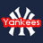 A split-screen buddy icon with a dark blue left showing two Yankees-themed designs and a right featuring a baseball player in white uniform against green grass