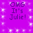 Purple background with white sparkles and repeated text "OMG It's Julie!" in dark purple pixelated font.