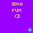 Yellow text 'dino run <3' repeated three times on purple background with cyan pixelated symbols scattered around.