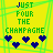 Yellow background with green lines, text reading 'JUST FOUR THE CHAMPAGNE', and heart symbols in blue or green below the text