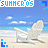 Pixelated beach scene with white Adirondack chairs on sand, blue sky and ocean background, repeated text "SUMMER 05" in light blue pixel font.