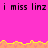 Pixelated text 'i miss linz' repeats across a bright pink background with yellow-orange wave borders, partially obscured by gray overlay on the right.