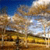 A static pixelated image showing a landscape with blue sky, brown and yellow terrain, and scattered light-colored patches resembling clouds or reflections.