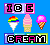 Pixel art contact sheet showing two frames of an animated ice cream icon with rainbow and pink variants, blue background, and text banners reading ICE at top and CREAM at bottom.