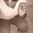 Pixelated grayscale image of a person in dark clothing holding an object near their face, with another figure partially visible behind.