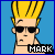 Pixelated cartoon icon of a character with spiky yellow hair, black sunglasses, and a neutral expression against a solid blue background, with the name "MARK" in pixelated text at the bottom right.