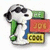 Snoopy-like dog character in green sleeves and blue vest holding red 'JOKE' sign with yellow 'COOL' below, on white background.