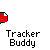 Red pixelated car with white circular headlights and black wheels, shown in multiple static and animated states with 'Tracker Buddy' text below.