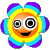 Flower-shaped icon with orange center, yellow ring, blue and purple petals; eyes shift from wide to narrow while mouth alternates between closed smile and open tongue.