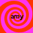 Four identical spiral patterns with alternating pink and orange rings, each containing the text 'amy' in black lowercase letters.