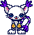 A 4x4 grid of pixel art frames showing a white cat-like creature with purple accents performing various poses and actions against a gray background.