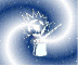 A swirling blue and white background with a central glowing object emitting light particles and a curved light trail.