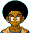 Pixelated character with afro hairstyle, brown skin, and orange vest over blue shirt, shown in two expressions against gray background.
