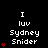 Pixel art icon with white text 'I luv Sydney Snider' on black background, red heart symbols animate from one to five vertically left of the text across frames.