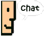 Pixelated peach and black icon with a single eye, showing four speech bubbles containing 'chat', 'now!', 'click', and 'here!' text.