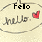 Two side-by-side speech bubbles with 'hello' text, each containing a red heart symbol and a handwritten 'hello.'