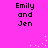 Pixelated text 'Emily and Jen' appears four times on a bright pink background with scattered white dots.