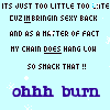 Pixelated text on light blue background with white snowflake accents and purple text reading 'ohhh burn' at bottom.