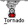 Animated contact sheet showing 21 sequential frames of a tornado-themed buddy icon with a stick figure character in various poses and sizes against a gray background.