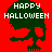 Pixelated Halloween-themed icon with 'HAPPY HALLOWEEN' text above a tree-shaped skull on red background.