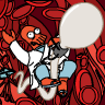 Pixelated cartoon character with orange skin, wide eyes, and a white lab coat holding a gray object near a large white speech bubble against a red patterned background.