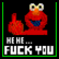Pixelated red cartoon character with large eyes and blue mouth giving a thumbs-up gesture, surrounded by green border on black background with explicit text below.