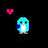 Pixelated blue creature with black eyes and a pink heart above it on dark background.