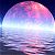 Pixelated static image of a large spherical object with gradient colors reflecting on water, set against dark blue background.