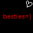A black background displays a white pixelated heart symbol above two red 'besties=]' text strings in a pixelated font.