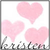 Three pink hearts float above a black cursive script reading 'kristen' on a white background.