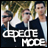 Three pixelated figures in dark clothing stand against a blurred background with green and brown tones, overlaid by large white text reading DEPECHE MODE.