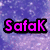 A pixelated image with purple and blue gradient backgrounds, displaying pink text 'SafaK' in the top-left quadrant and a heart symbol followed by 's' on a striped background.