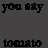 pixelated text and shapes with red tomato-like forms, green eyes on one shape, and brown potato-like forms against a dark gray background