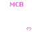 Pixelated pink 'MCB' text and small pink hearts on white background with gray corner overlay.