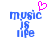 Blue pixelated text 'music', 'JS', and 'life' arranged vertically with a pink heart symbol above the top-left of 'music' on white background.