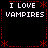 Black background with red decorative borders and repeated white text reading "I LOVE VAMPIRES" in four quadrants.